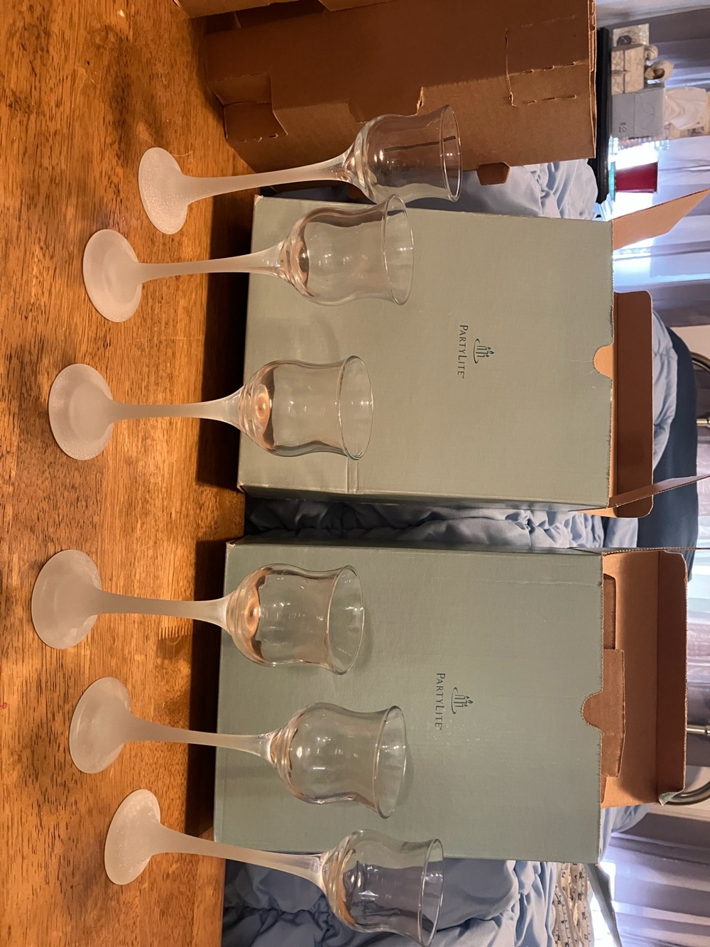 New in boxes , Party Lites set of 6 glass n frosted stems  votive candle holders